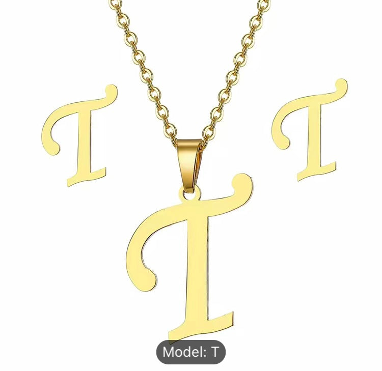 Gold Initial Letter Necklace & Earrings Set
