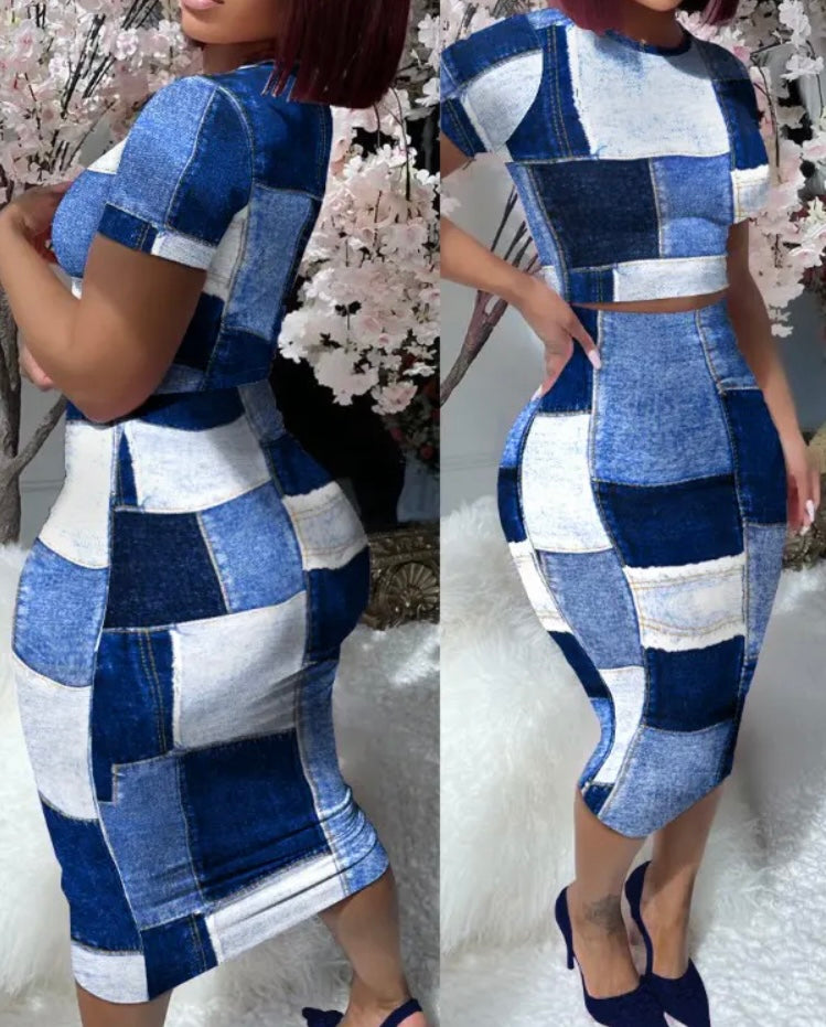 Denim Look Print Short Sleeve Top & High Waist Skirt Set