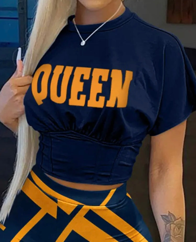 Queen Letter Geometric Print Corset T-shirt & Shorts Set