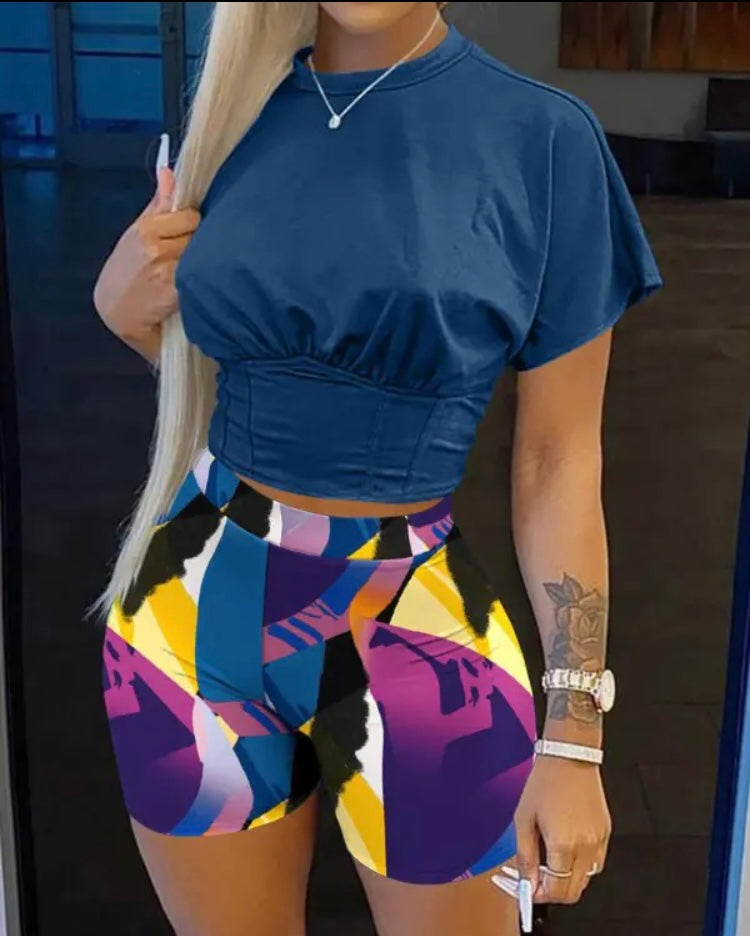 Corset Design Crop Top & Geometric Print Shorts Set