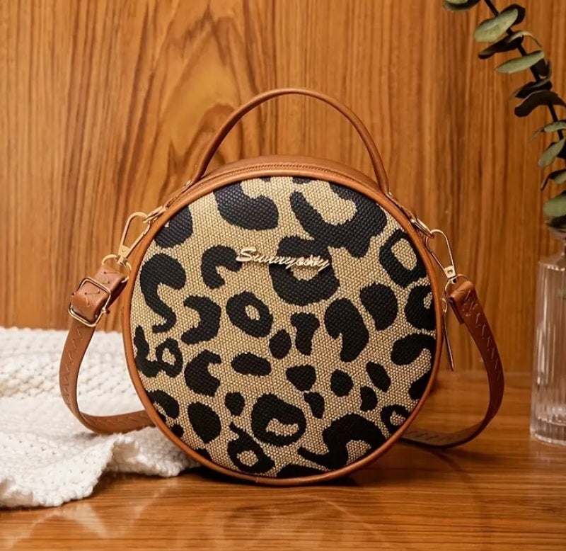 Leopard Print Round Crossbody Bag