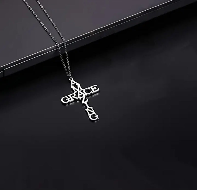Sliver Amazing Grace Cross Necklace