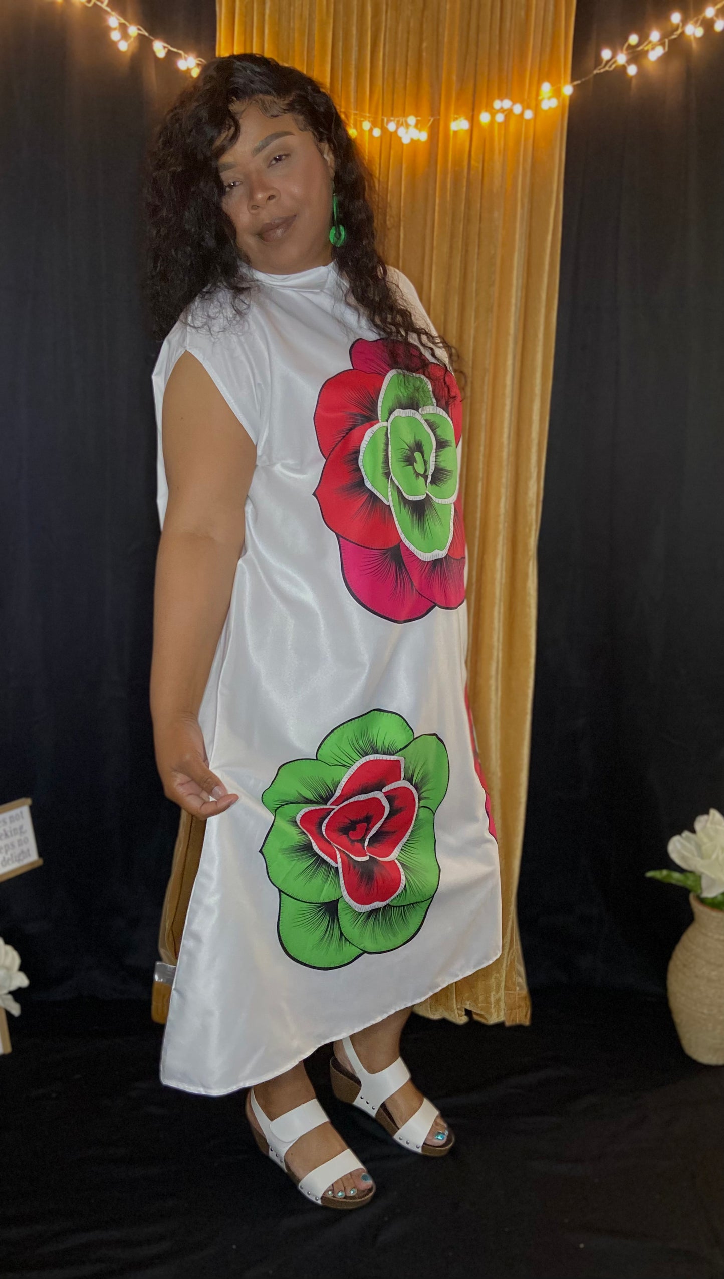 White Dress With Red and Green Flowers