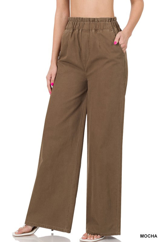 Stone Washed Canvas Mocha Waist Wide Leg Pants