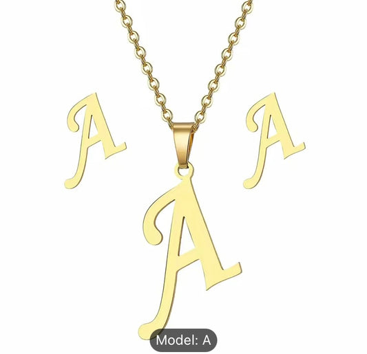 Gold Initial Letter Necklace & Earrings Set