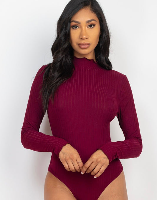 Burgundy Ribbed Lettuce Edge Long Sleeve Bodysuit