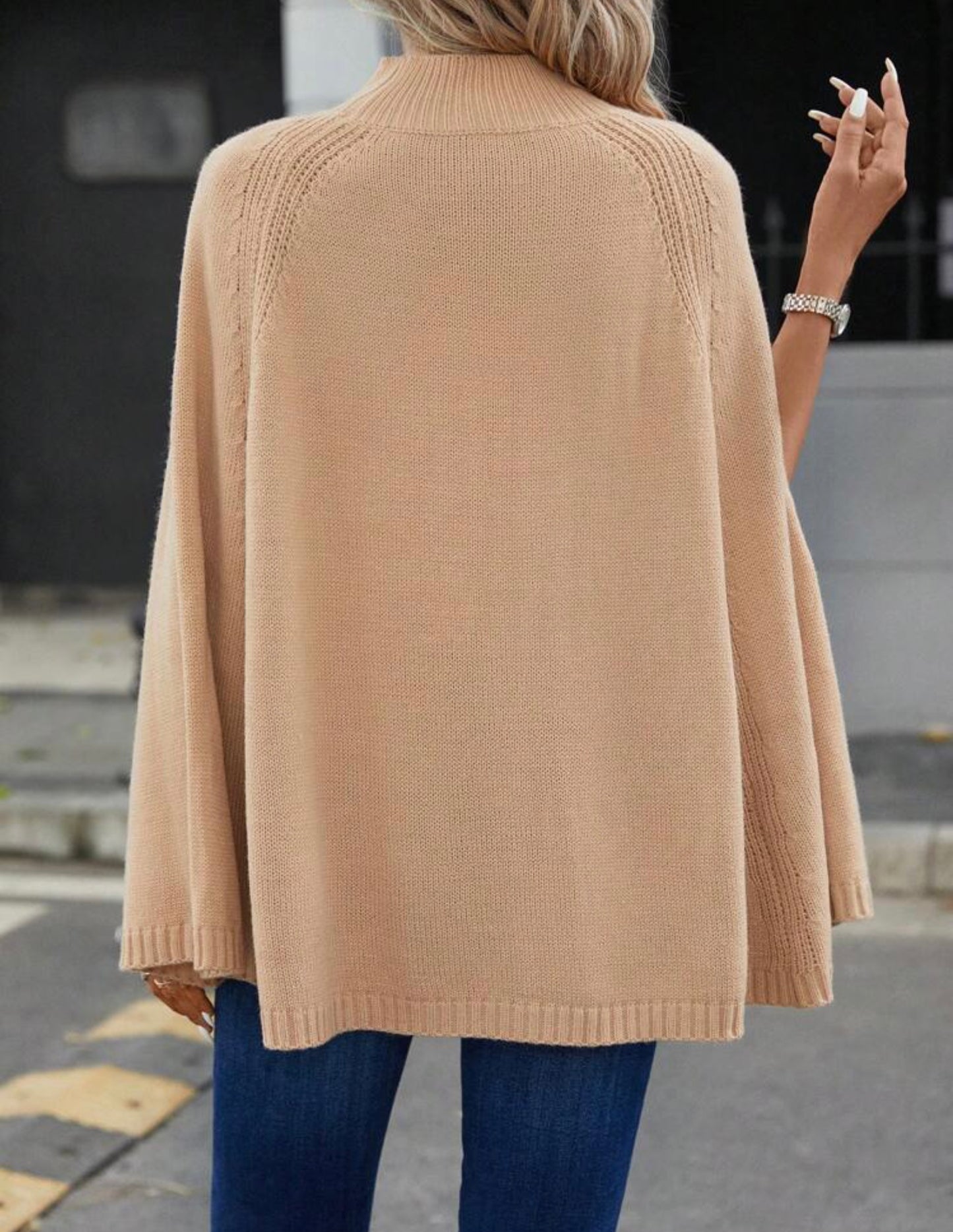 Coffee Mock Neck Button Sleeve Poncho