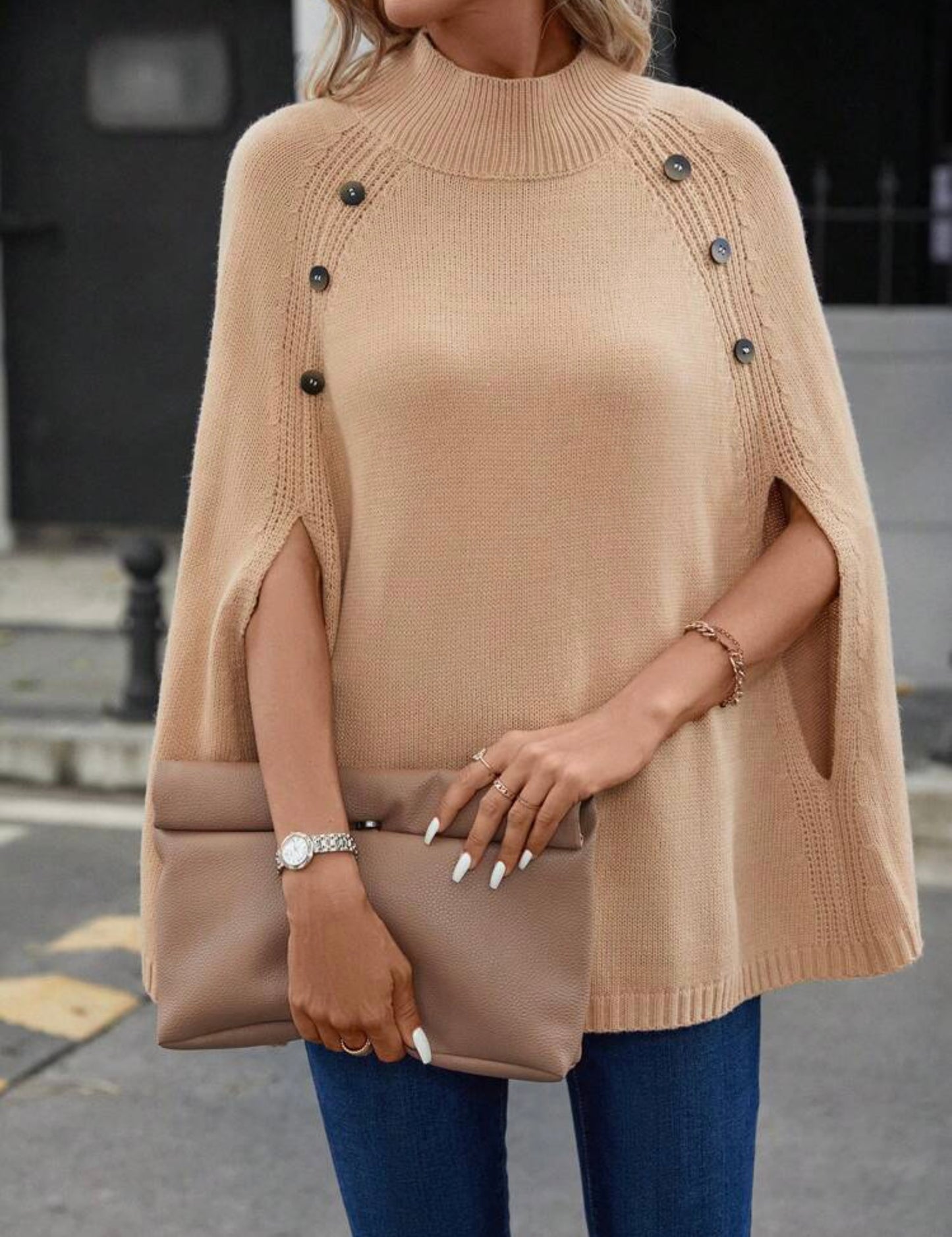 Coffee Mock Neck Button Sleeve Poncho