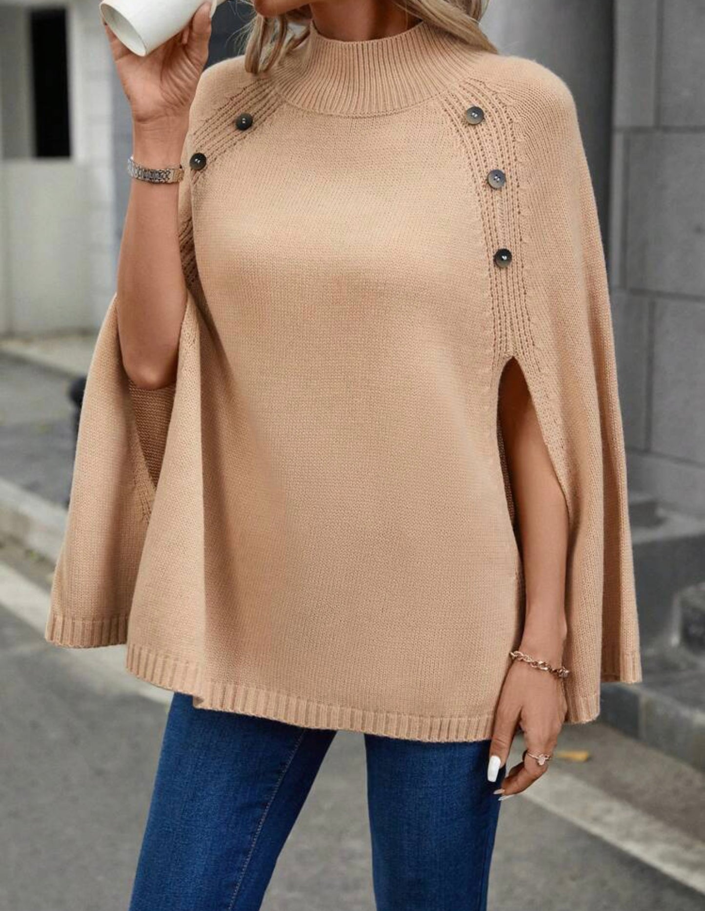 Coffee Mock Neck Button Sleeve Poncho