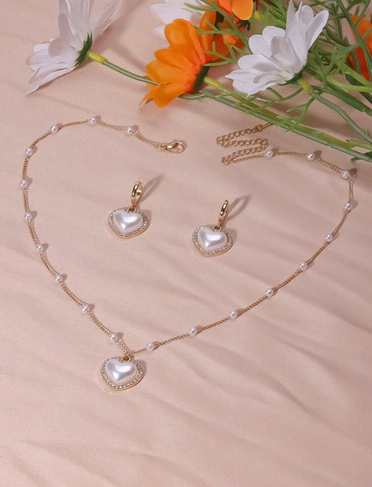 Rhinestone & Faux Pearl Heart Jewelry Set