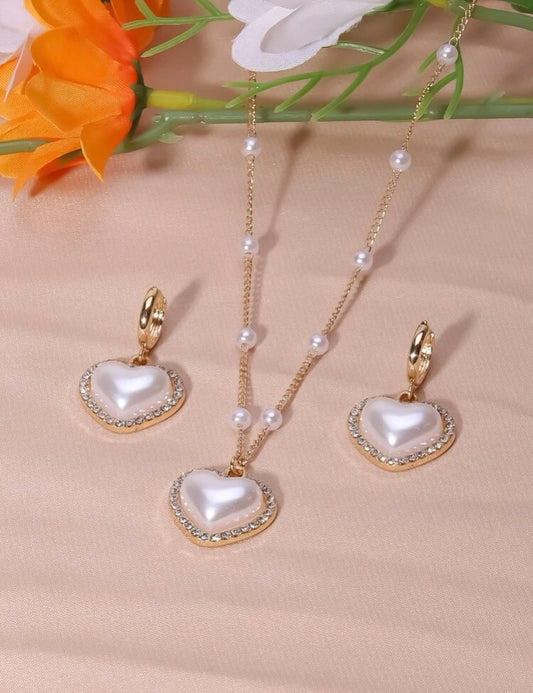 Rhinestone & Faux Pearl Heart Jewelry Set