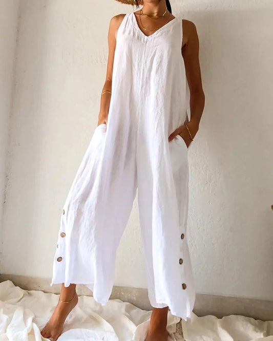 Pocket Design White V-Neck Jumpsuit