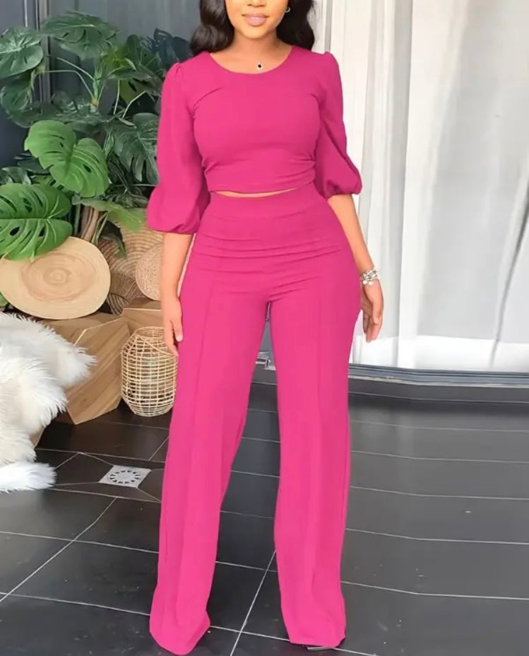 Round Neck Lantern Sleeve Top & Pants Set