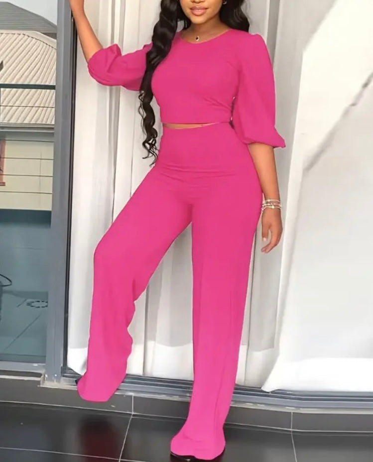 Round Neck Lantern Sleeve Top & Pants Set