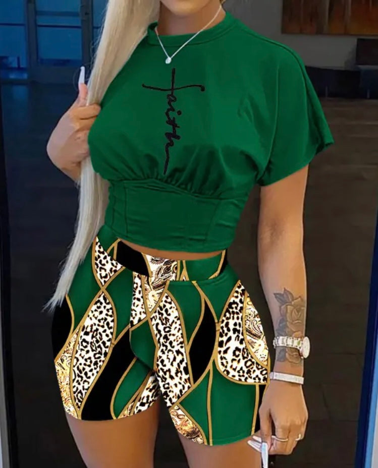 Faith Baroque Leopard Print Corset T-shirt & Shorts Set