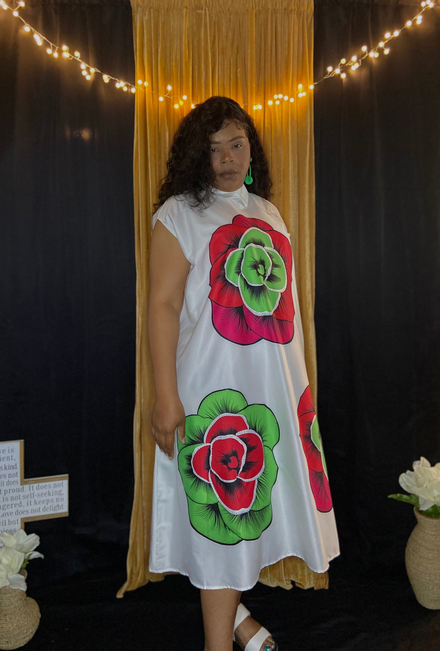 White Dress With Red and Green Flowers