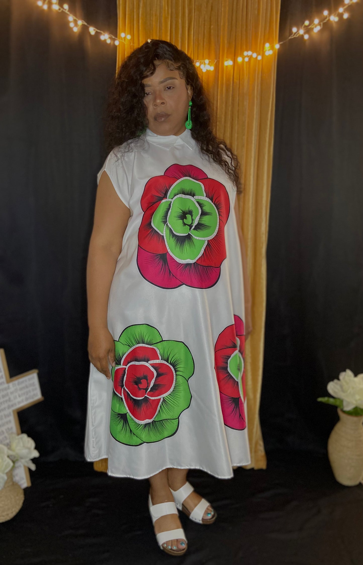 White Dress With Red and Green Flowers